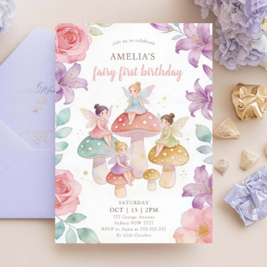 Pastel Floral Mushroom Fairy First 1st Birthday 招待状