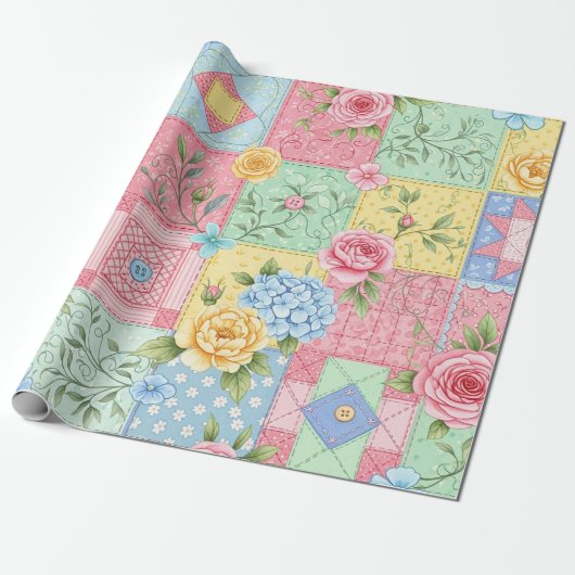 Pastel Floral Patchwork Picnic Pattern (9) ラッピングペーパー (アンロールド)