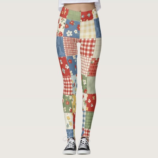 Pastel Floral Patchwork Picnic Pattern (9) レギンス (正面)