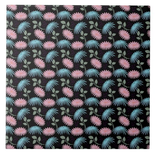 Pastel Floral Pattern on Black Background | Cute D タイル (正面)