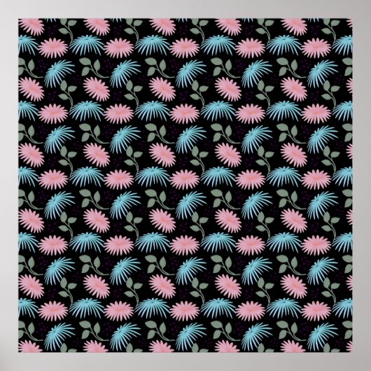 Pastel Floral Pattern on Black Background | Cute D ポスター (正面)
