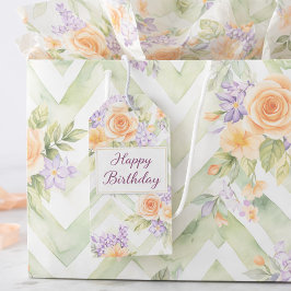 Pastel Floral Peach Lavender Sage Chevron Birthday ラージペーパーバッグ