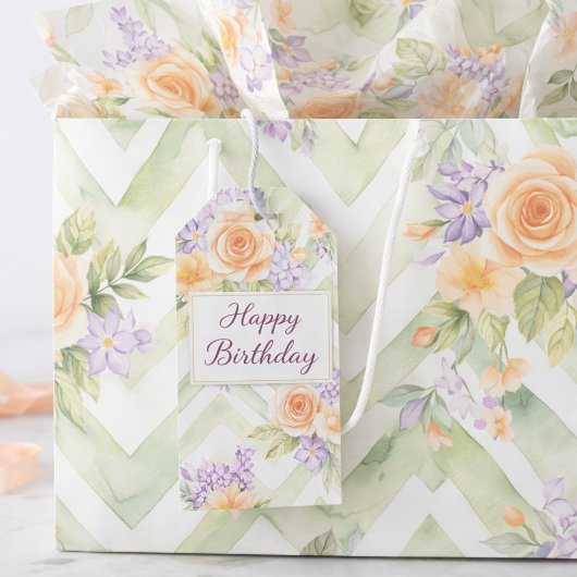 Pastel Floral Peach Lavender Sage Chevron Birthday ラージペーパーバッグ