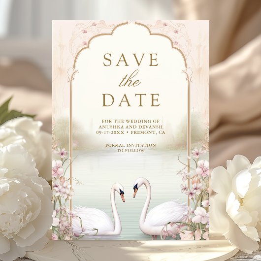 Pastel Floral Romantic Swans Indian Wedding セーブザデート