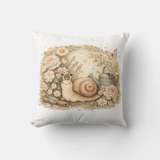 Pastel Floral Snail Aesthetic Garden Throw Pillow クッション