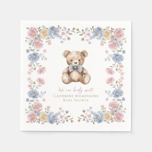Pastel Floral Teddy Bear Baby Shower Napkins スタンダードカクテルナプキン (正面)