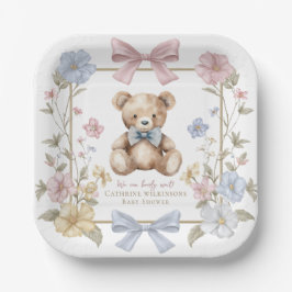 Pastel Floral Teddy Bear Baby Shower Plates ペーパープレート