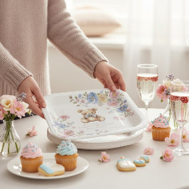 Pastel Floral Teddy Bear "We Can Bearly Wait" Show ペーパープレート