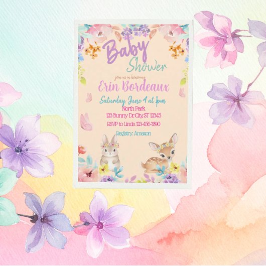 Pastel Floral Woodland Baby Shower 招待状