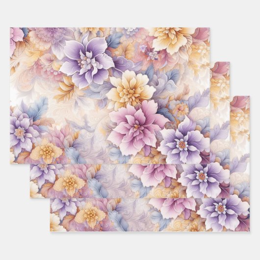 Pastel Floral Wrapping Paper Set – Elegant 3-Sheet ラッピングペーパーシート (セット)