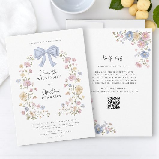 Pastel Floral Wreath QR Code Wedding Website  招待状