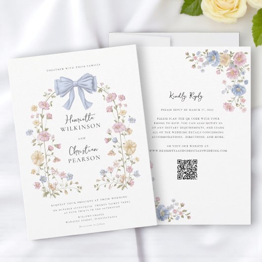 Pastel Floral Wreath QR Code Wedding Website  招待状