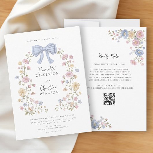 Pastel Floral Wreath QR Code Wedding Website  招待状