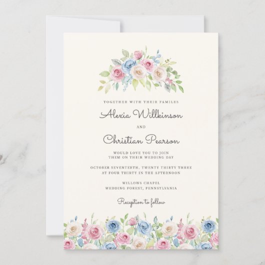 Pastel Floral Wreath Wedding Invitation 招待状 (正面)
