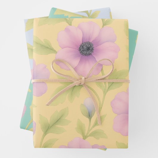 Pastel Florals Botanical Wrapping Paper Set of 3 ラッピングペーパーシート (インサイチュ)