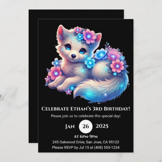 Pastel Flower Pup Birthday 招待状 (正面/裏面)