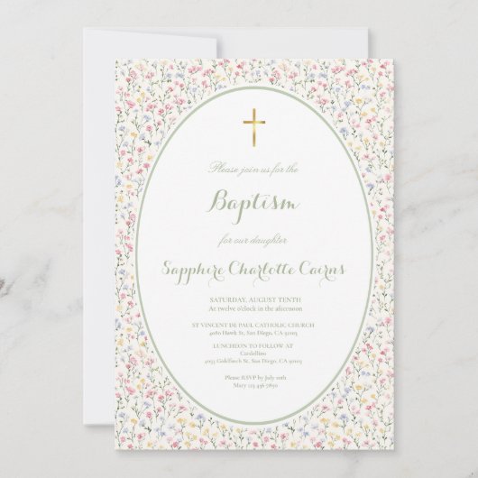Pastel Flower Watercolor Girl Baptism Invitation 招待状 (正面)