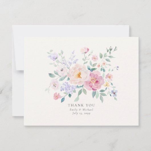 Pastel Flowers Watercolor Wedding Thank You Card 招待状 (正面)