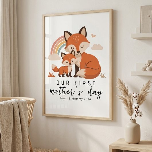 Pastel Fox Mom Baby First Mother’s Day Nursery ポスター