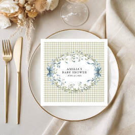 Pastel Gingham Blue Floral Baby Shower スタンダードカクテルナプキン