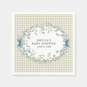 Pastel Gingham Blue Floral Baby Shower スタンダードカクテルナプキン (正面)