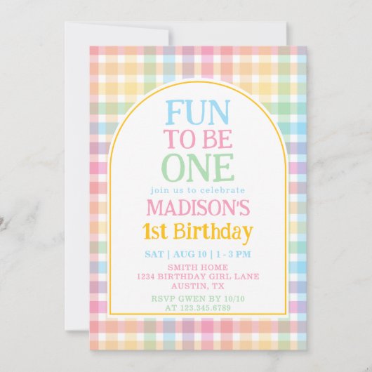 Pastel Gingham Fun to Be One 1st Birthday 招待状 (正面)