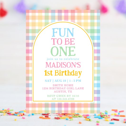 Pastel Gingham Fun to Be One 1st Birthday 招待状