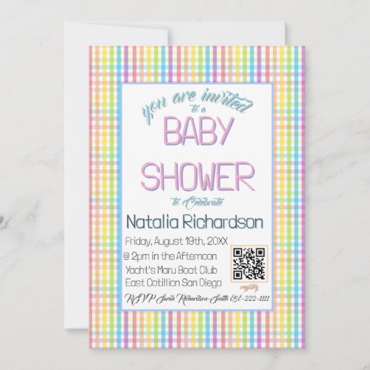 Pastel Gingham Rainbow Baby Shower 招待状 (正面)