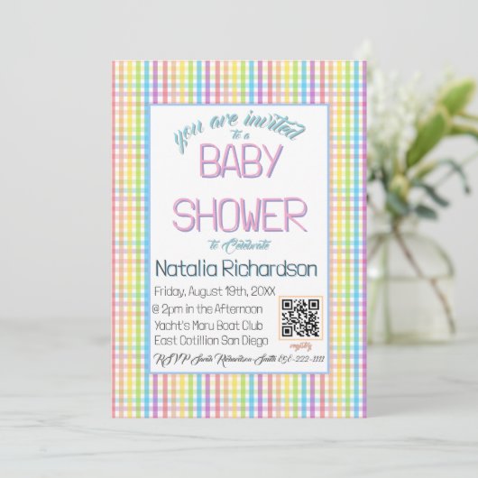 Pastel Gingham Rainbow Baby Shower 招待状 (スタンド正面)