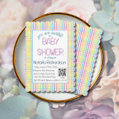 Pastel Gingham Rainbow Baby Shower 招待状