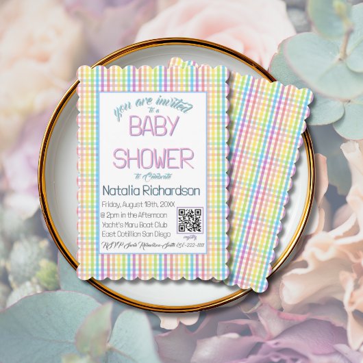 Pastel Gingham Rainbow Baby Shower 招待状