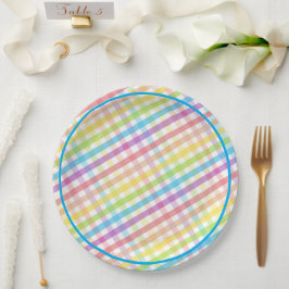 Pastel Gingham Rainbow Baby Shower Blue ペーパープレート