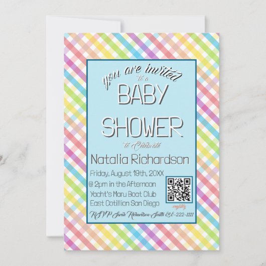 Pastel Gingham Rainbow Baby Shower Blue 招待状 (正面)