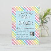 Pastel Gingham Rainbow Baby Shower Blue 招待状 (スタンド正面)