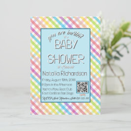 Pastel Gingham Rainbow Baby Shower Blue 招待状