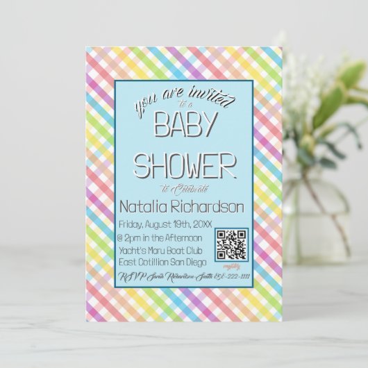 Pastel Gingham Rainbow Baby Shower Blue 招待状 (スタンド正面)