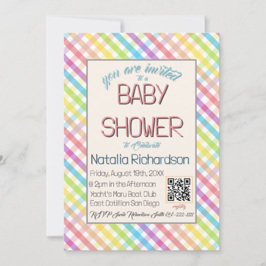 Pastel Gingham Rainbow Baby Shower Pink 招待状 (正面)