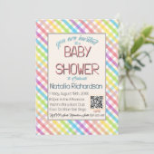 Pastel Gingham Rainbow Baby Shower Pink 招待状 (スタンド正面)