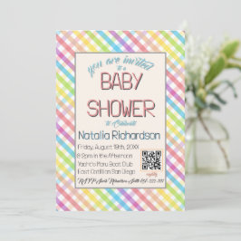 Pastel Gingham Rainbow Baby Shower Pink 招待状