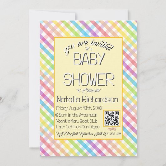 Pastel Gingham Rainbow Baby Shower Yellow 招待状 (正面)