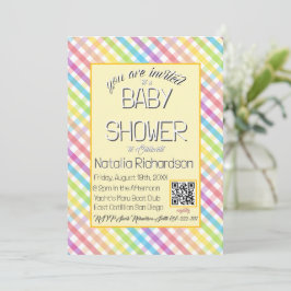 Pastel Gingham Rainbow Baby Shower Yellow 招待状