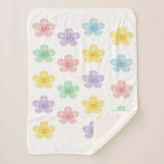 Pastel Gingham Smiling Flowers Cute Blanket シェルパブランケット