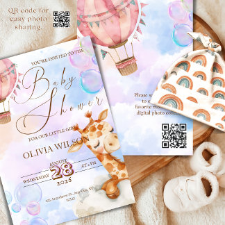 Pastel Giraffe Baby Shower Invitation with QR Code 招待状