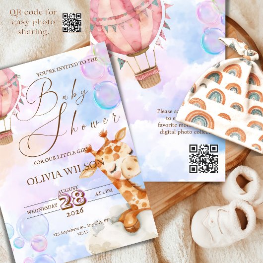 Pastel Giraffe Baby Shower Invitation with QR Code 招待状