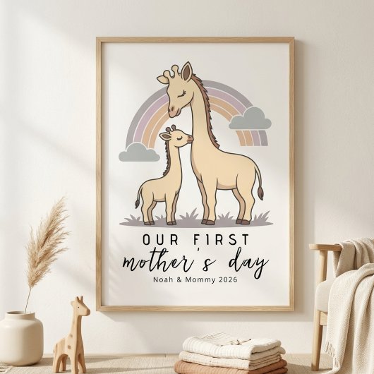 Pastel Giraffe Mom Baby First Mother’s Day Nursery ポスター