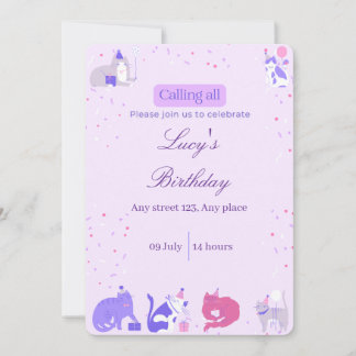 Pastel Girl Cat Invite 招待状