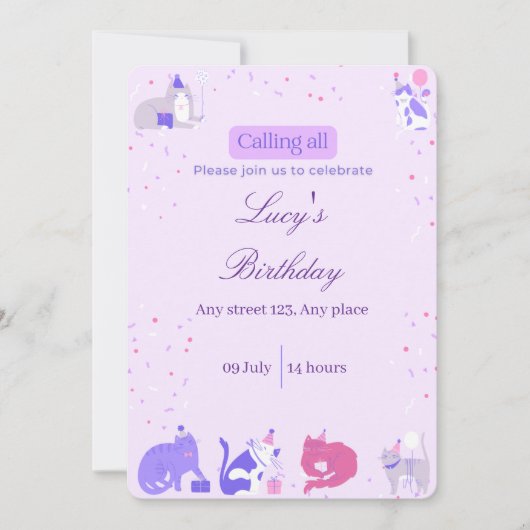 Pastel Girl Cat Invite 招待状 (正面)