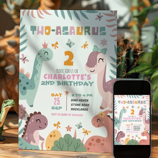 Pastel Girl Dinosaur 2nd Birthday Invitation 招待状