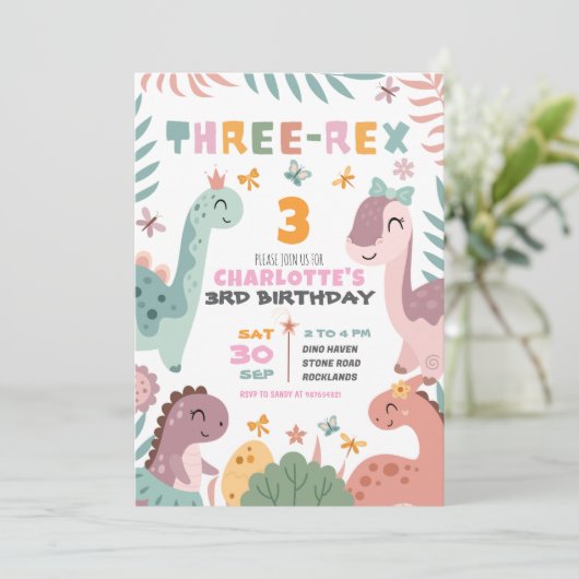 Pastel Girl Dinosaur 3rd Birthday Invitation 招待状 (スタンド正面)