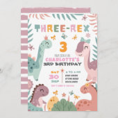 Pastel Girl Dinosaur 3rd Birthday Invitation 招待状 (正面/裏面)
